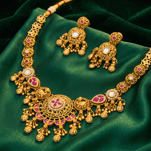 Traditional Gold Plated Antique Temple Jewelry Necklace Set with Pink Kundan Stones and Matching Earrings for Women - Product Image 3
