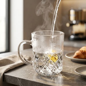 Tazza da Caffè in Vetro Trasparente con Texture Diamantata, Tazza da Tè con Manico per Casa, Bar e Caffetteria - Product Image 4