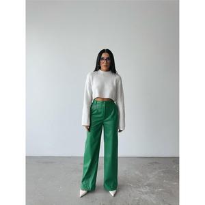 Pantalon palazzo en cuir taille haute pour femme, jambe droite, vert, taille élastique, respirant, long, disponible en tailles XS-XL, élastique coloré - Product Image 5