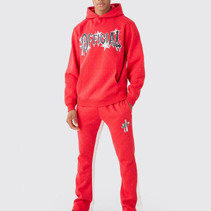 Men's <b>Red</b> Hooded Sweatshirt Set Oversized Fit Fleece Solid Color Casual Tracksuit Autumn Wear - Product Image 1