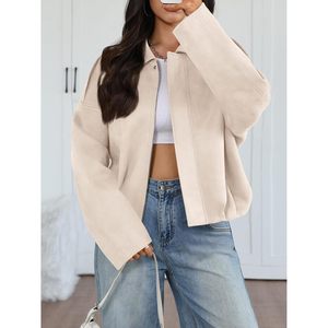 Womens Faux <b>Suede</b> <b>Bomber</b> <b>Jacket</b> Oversized Zip Up Cropped Windproof Fall Winter Motorcycle Coat Full Sleeve Light Weight - Product Image 2