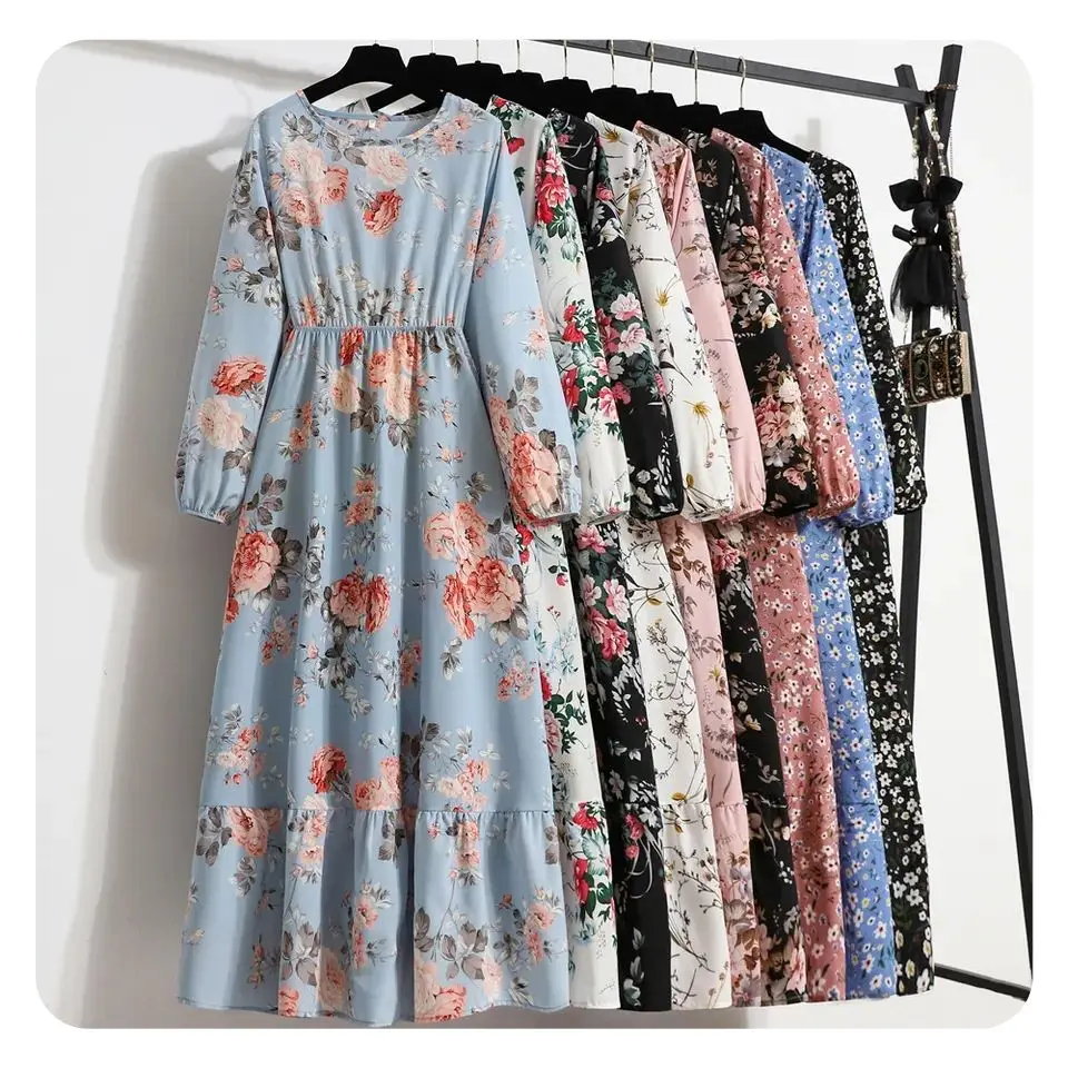 dlo Used Dresses Casual Full Sleeve Floral Printed Stock Woman stock bale Long Dress