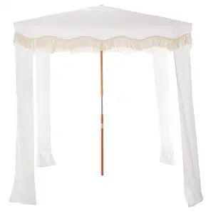 Luxury Canvas Wood Pole Canopy Custom Beach Cabana With Logo Printing With 4 Leg And Cotton Fringes For Events Wedding