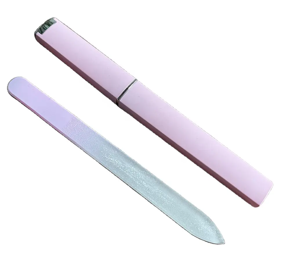 pink color glass nail file with plastic case packing