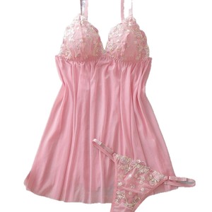 Chemise de nuit romantique en mousseline rose avec broderie florale, sans manches, courte, pour femme, vêtement de nuit d'été, robe en dentelle - Product Image 5