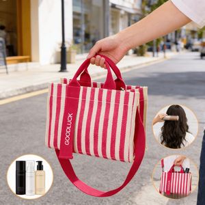 กระเป๋าผ้าแคนวาสลายทางพิมพ์โลโก้ตามสั่ง กระเป๋าช้อปปิ้งผ้าฝ้ายแบบใช้ซ้ำได้ กระเป๋าสะพายข้างสำหรับผู้หญิงและเด็กผู้หญิง กระเป๋าผ้าแคนวาสลายทาง - Product Image 2