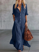 Robe chemise maxi en polyester à boutons avec manches retroussables et poches latérales, coupe décontractée ample pour femme
