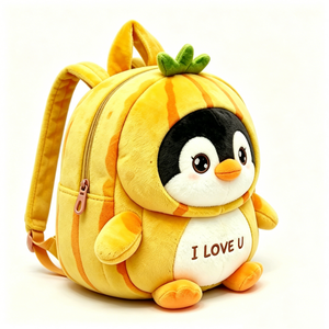 Pumpkin Penguin Plush <b>Backpack</b>, Cute Yellow <b>Kids</b> <b>Backpack</b> with "I LOVE U" Embroidery, Fluffy Toddler Penguin Costume Bag - Product Image 2
