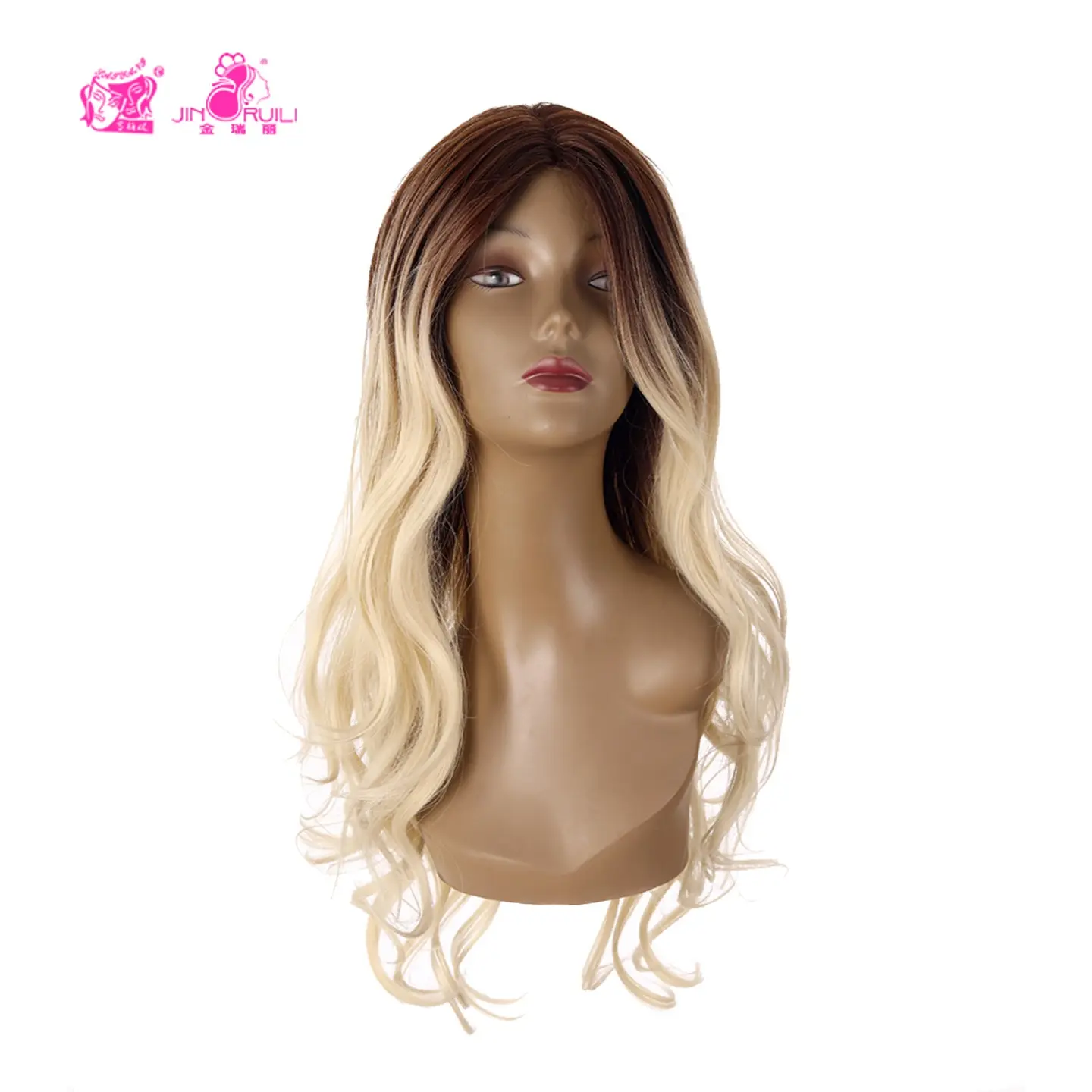 JINRUILI wig sintetik suhu tinggi dapat disesuaikan wig ombak rambut alami gelombang rambut panjang Ombre coklat tua dan putih untuk wanita