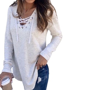 Blusas para Mujer, 7 Colores Sólidos, Tallas Grandes, Holgadas, Casuales, Manga Larga, Cuello en V, Elegantes, con Cordones - Product Image 2