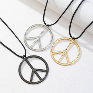 Peace Symbol Zinc Alloy Necklace Round Geometric Pendant Unisex Clavicle <b>Chain</b> Gold Silver <b>Black</b> Color Options - Product Image 1