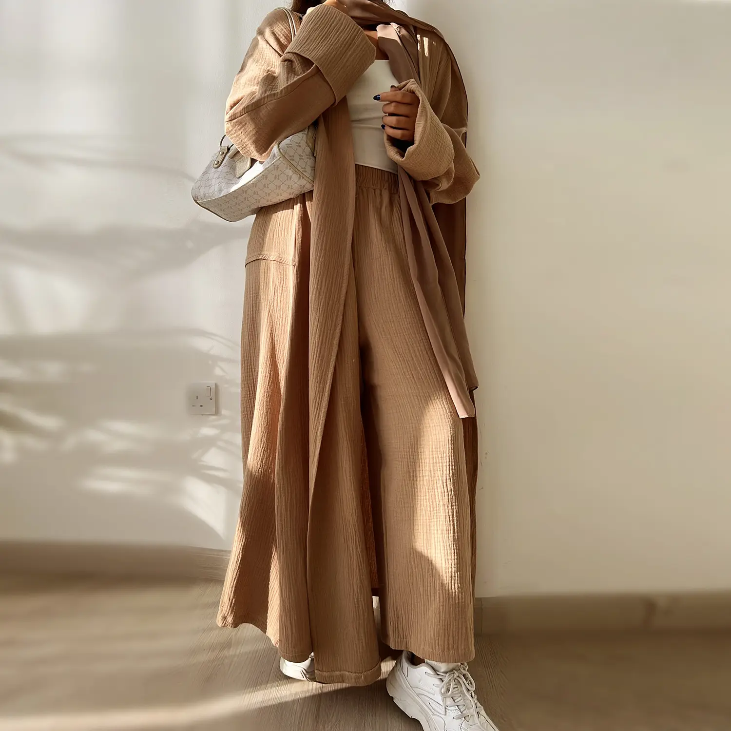 Limaning 패션 무지 아바야 두바이 100% 면 여성 바지 2 개 세트 기모노 이드 옷 이슬람 여성 드레스 민족