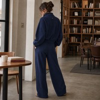 Ensemble deux pièces OEM pour femme, sweat-shirt court à col montant et patte de boutonnage de haute qualité, pantalon de survêtement large, logo personnalisé