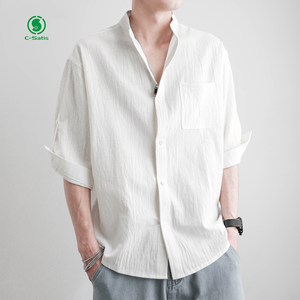 Camicia di <span class=keywords><strong>lino</strong></span> estiva da <span class=keywords><strong>uomo</strong></span> a maniche lunghe e a maniche corte Casual primavera e autunno camicia di <span class=keywords><strong>lino</strong></span> in cotone tinta unita da <span class=keywords><strong>uomo</strong></span> - Product Image 3