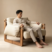 Fauteuil d'appoint en bois massif de style mid-century, avec coussin en cuir, design ergonomique, coussin amovible, finition antique pour salon