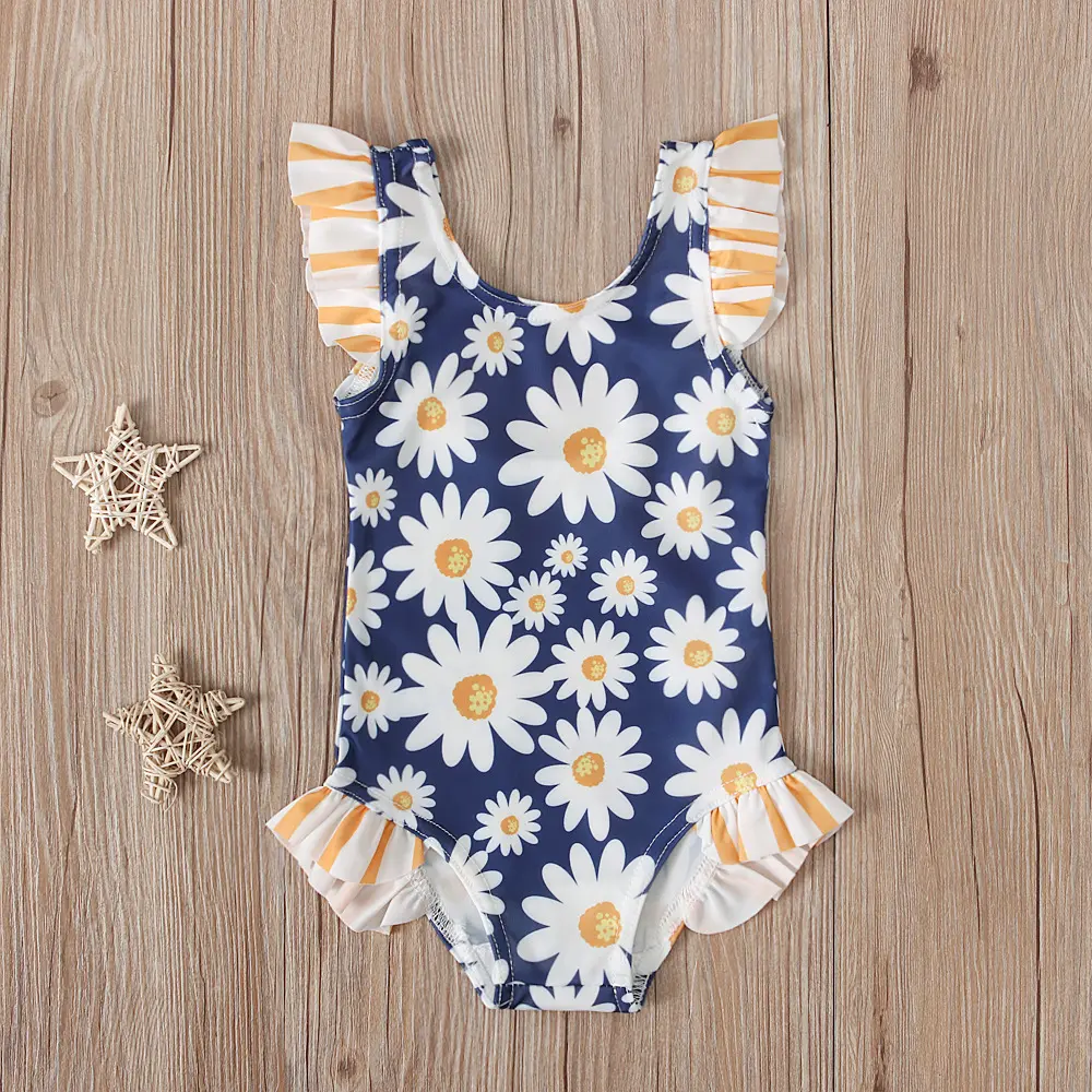 Maillot de bain une pièce en dentelle pour enfants, Style d'été, tendance, sans manches, imprimé, dos nu, vêtements pour enfants