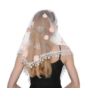 10 Colors Women's Mantilla Lace Catholic Veil for Church Wedding Shawl Head Covering Flower Triangular Scarf With Tassels