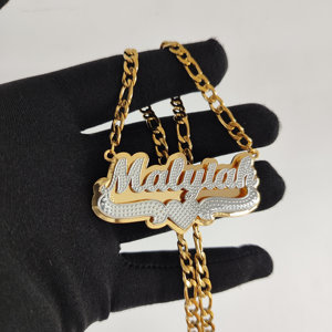 Collier avec <span class=keywords><strong>plaque</strong></span> de nom double en <span class=keywords><strong>or</strong></span> 18 carats, bijoux à deux tons, cadeau pour la fête des mères - Product Image 4