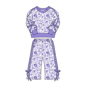 Ensembles de vêtements en laine peignée 2 pièces pour petites filles, personnalisés, décontractés, à imprimé floral rose, avec chemise à nœuds et pantalon, vente en gros, ensembles pour sœurs - Product Image 5