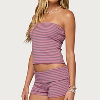 Ensemble deux pièces loungewear pour femme avec logo personnalisé, short à taille repliable rayé, vente en gros