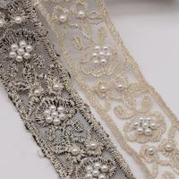 Broderie perlée perle or et argent femmes robe français Tulle bordure dentelle coupe tissu avec perles pour robe de mariée