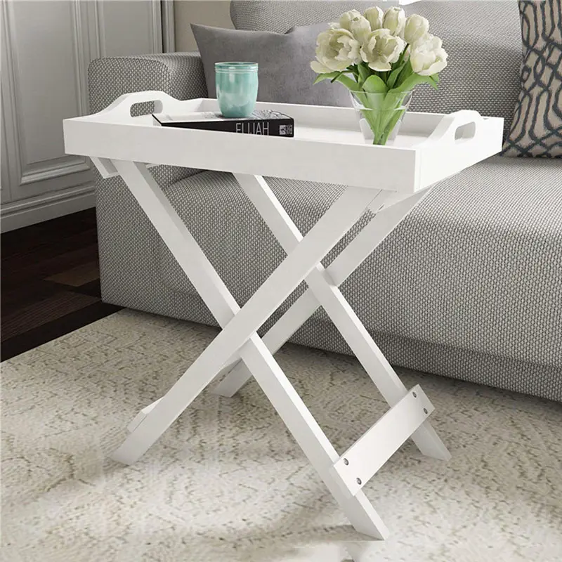 Bandeja de muebles para sala de estar, mesa rectangular moderna y plegable, mesa lateral, color blanco