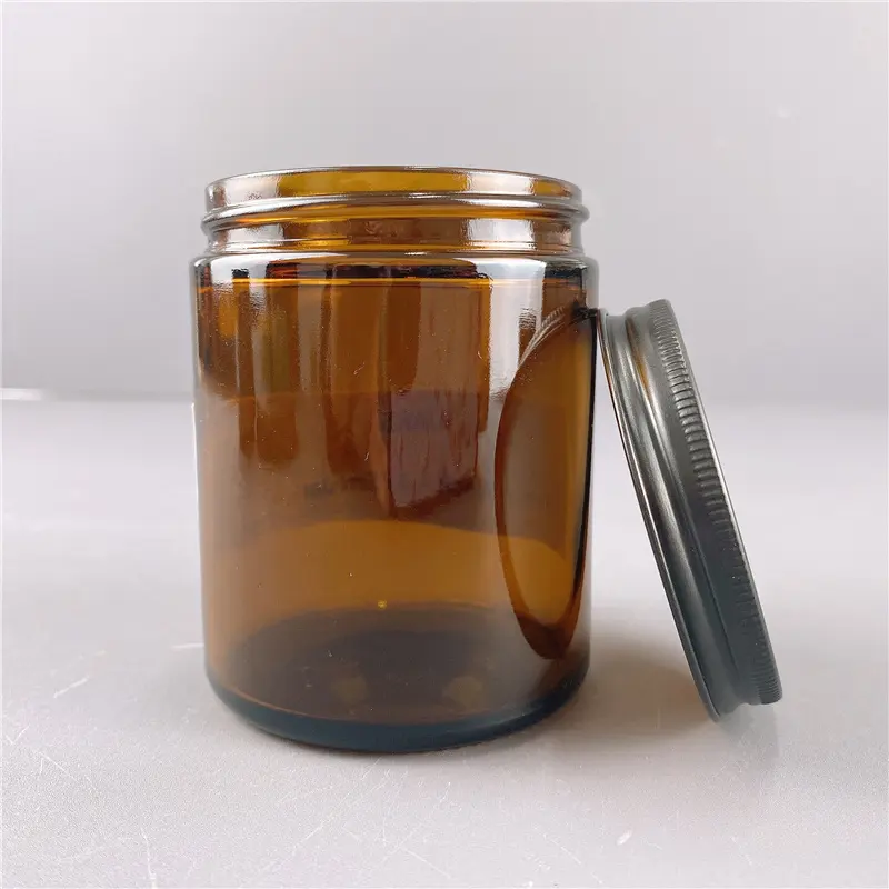 Grand pot à bougie en verre ambré avec couvercle en bois Matière première Pot en verre ambré alimentaire de 16oz avec couvercle