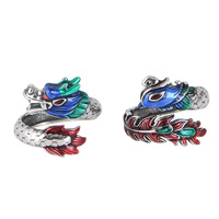 Bague en argent Sterling S925 pour hommes et femmes rétro émail Dragon Phoenix bague ouverte Couple Hiphop Rock bijoux