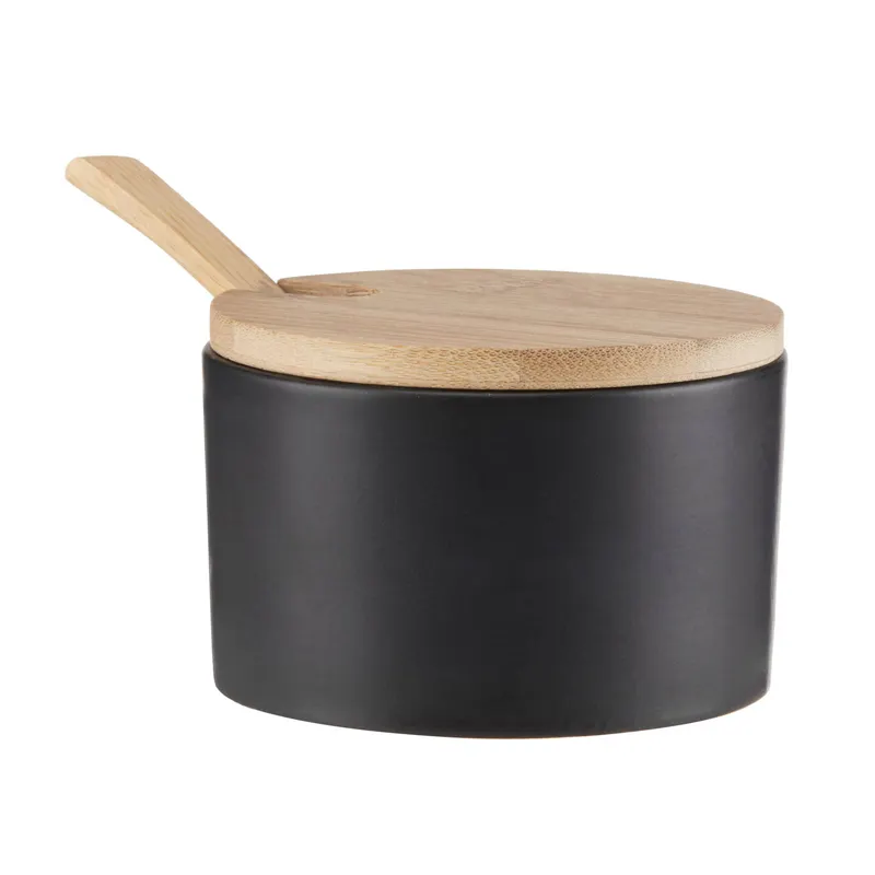 Modern Kitchen Condiment Container Matt Black Ceramic Salt Cellar with Bamboo Lid and Spoon