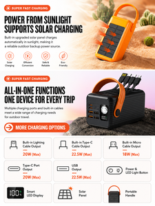 <span class=keywords><strong>Batterie</strong></span> <span class=keywords><strong>externe</strong></span> solaire à charge rapide 22,5 W, 50 000 mAh, 4 câbles intégrés, lampe torche LED portable, camping en plein air - Product Image 4