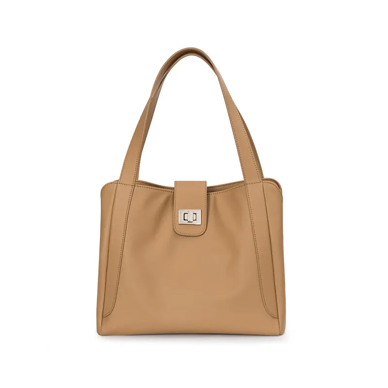 Trendy Elegant luxury Lock Handbag Soft Genuine Leather Brown Shoulder Bucket Bag for Women