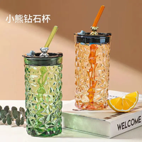 Bouteilles en verre créatives pour jus de fruits 400 ml en forme d'ours, avec pailles, tasses à lait mignonnes résistantes à la chaleur pour la maison avec couvercles