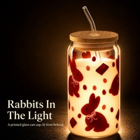 Gobelet en verre transparent avec couvercle en bambou et paille, motif lapin, pour café glacé, lait, jus, vente en gros pour cafés