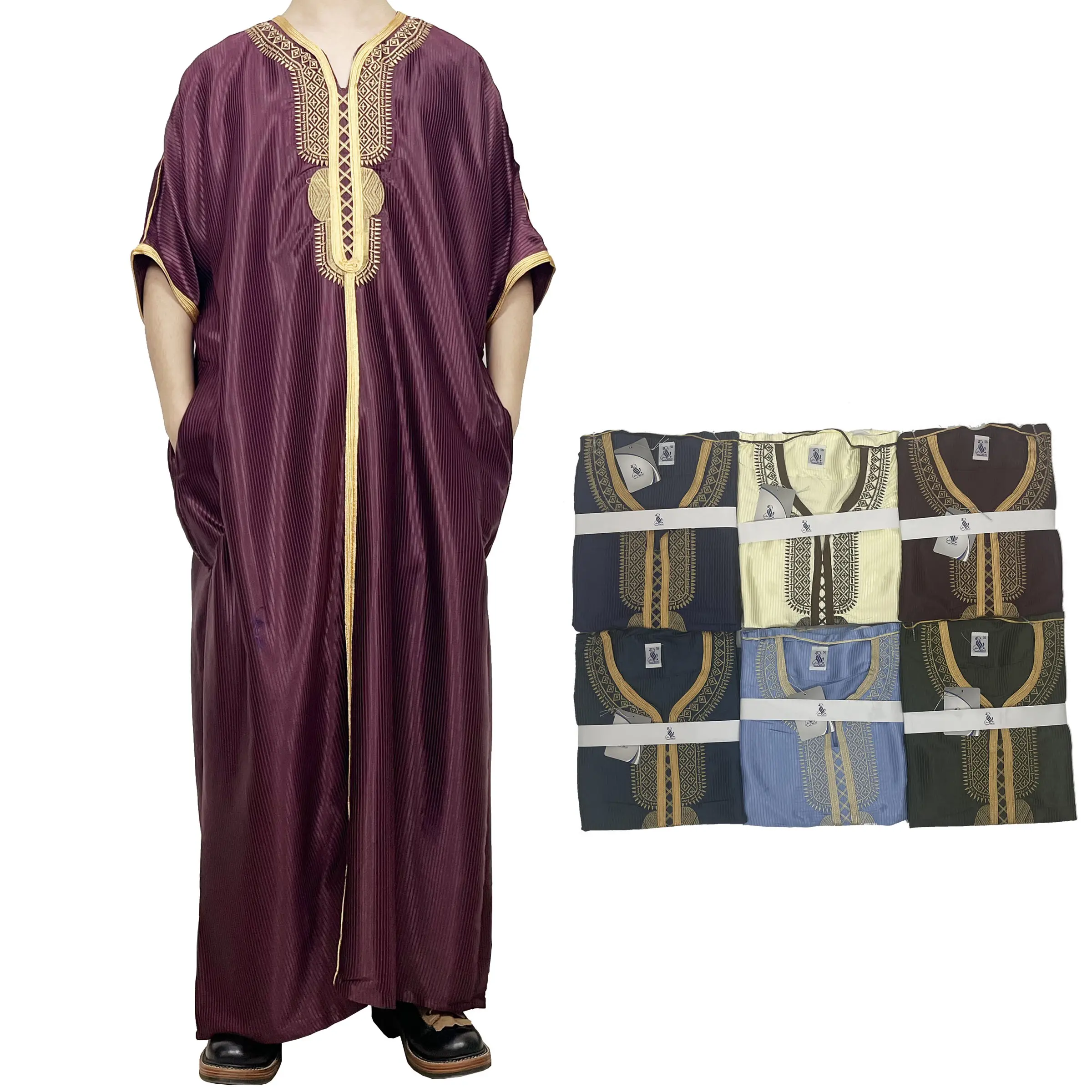 New Arrival Moroccan Style Men's Delicate Embroidered Caftan Shiny Fabric Silk Stripe Pattern Short Sleeve Men Thobe