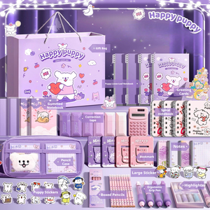 Set di cancelleria per bambini con quaderni a tema viola, con motivi di animali dei cartoni animati, multi-formato, e borsa portac cancelleria di grande capacità. - Product Image 1