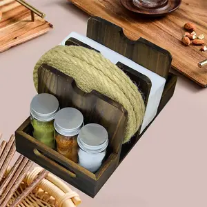 Retro Wood Napkin Holder With Salt And Pepper Seasoning Pot Holder Suitable For Kitchen Decoration