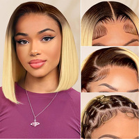 Perruque Courte Bob en Cheveux Humains Vierges Bruts 100% Naturels Couleur T4/613, Perruque Frontale HD en Dentelle Transparente Cheveux Bruts Brésiliens pour Femmes - Vente en Gros