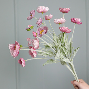 Fleur de pavot artificielle Ruilisi en tissu de soie rose clair, décoration pour la maison et les mariages, 4 têtes floquées - Product Image 4