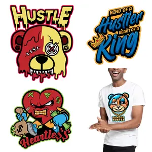 Hot Sale Washable Hustle Bear Iron On Patches Heat Transfer Sticker Vinyl Applications DIY Appliques Thermal Press On Men T-shir