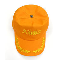 Op maat gemaakte oranje gotische pet met lage minimale bestelhoeveelheid (MOQ), OEM, ODM, laurierblaadjes, geborduurde gele tekst, baseballcap, gestructureerd, 5 panelen