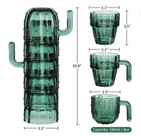 Set 6 Gelas Minum Kaktus yang Dapat Ditumpuk, 240ml. Gelas Vintage Berwarna Hijau untuk Minuman Anggur, Air, Kopi.