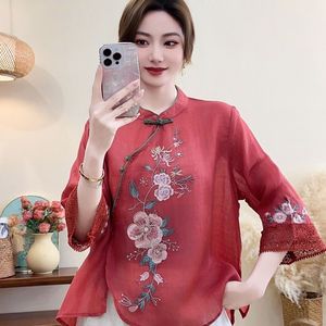 Chinese Embroidery Linen Top Women Stand Collar Mid Sleeve Loose Fit Rose Red Chinoiserie Style Blouse For Everyday Wear - Product Image 1