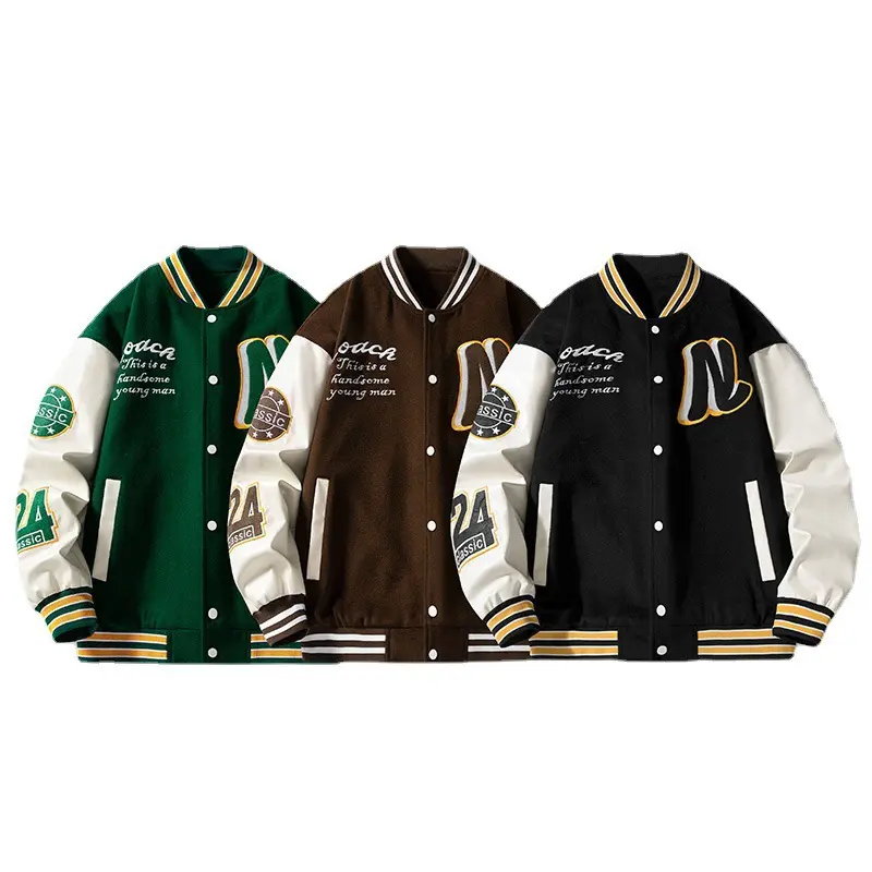 JUNYAN embroidered designer emblems Leather Sleeves Fleece Men's Jackets Wool Felt varsity Bomber Jacket for men