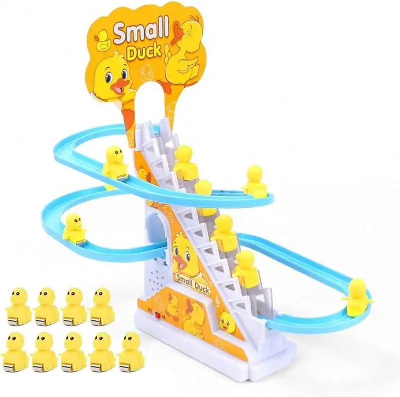 Elektrische kleine gelbe Ente Track Slide Toys Enten spielzeug Treppen mit Lichtern Musik Spaß Ente Treppe Kletter spielzeug für Kleinkinder