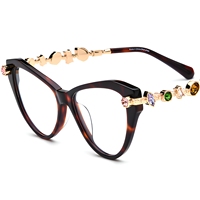 Monture optique de créateur pour femme, élégante, de luxe, en acétate et métal, style œil de chat, entièrement cerclée, ornée de diamants et de pierres précieuses