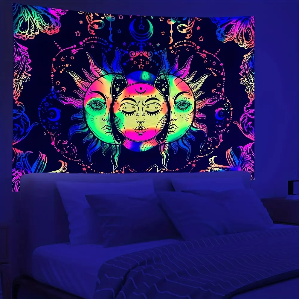 Pfirsich haut fluor zierende Mond Sonne UV Schwarzlicht Tapisserie für Schlafzimmer, ästhetische hängende Tapisserie