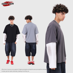 Camiseta de algodón puro de manga larga para hombre, estilo vintage con patrón sólido, lavado enzimático, estilo Wasteland, efecto de dos piezas, lavado Monkey, tejida - Product Image 3
