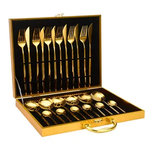Hardcover Gift Box Steak Fork And Spoon Black Sliver Gold Portuguese Cutlery Set For Wedding