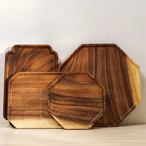 Hot Sale Japanese hotel restaurant Natural Solid Acacia Octagon Square Wooden plate for Fruit Salad Platter Vegetable