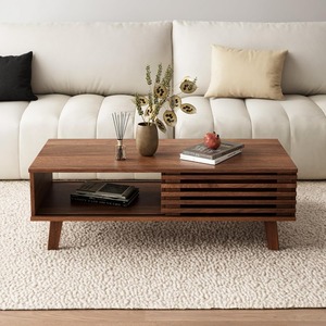 Juego de mesa de centro de 2 piezas Midcentury con almacenamiento de puerta <span class=keywords><strong>corredera</strong></span>, soporte de TV de madera de nogal para sala de estar y dormitorio - Product Image 3